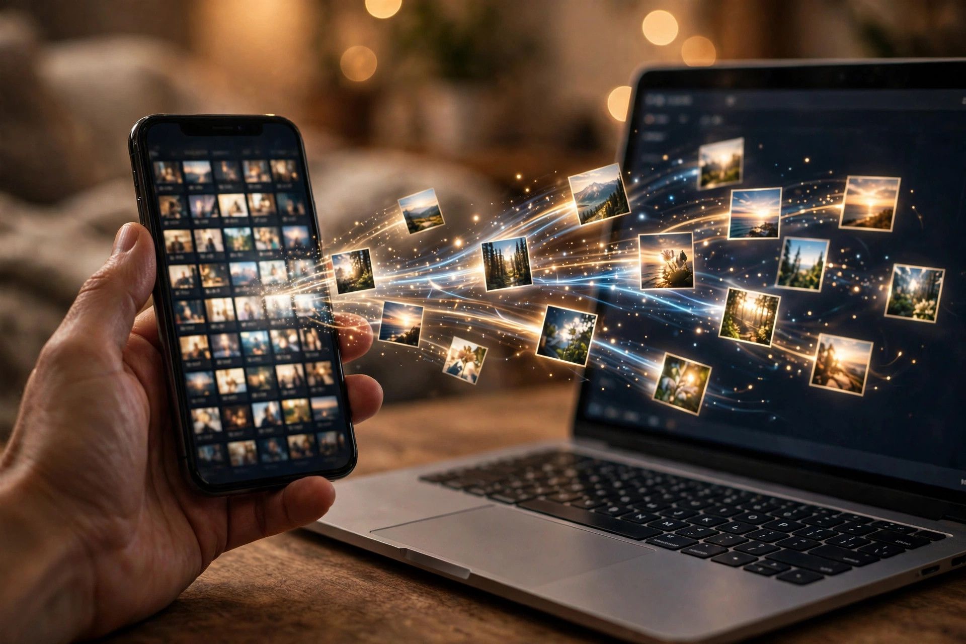 Hand holding an iPhone next to a laptop as photos transfer wirelessly between them