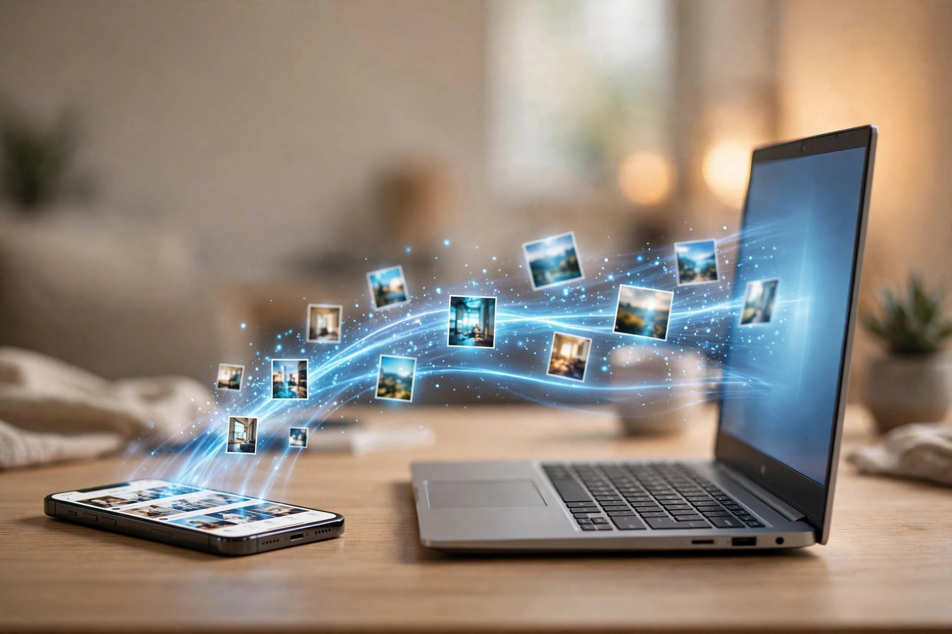 iPhone wirelessly beaming photos to a Windows laptop with a glowing transfer effect