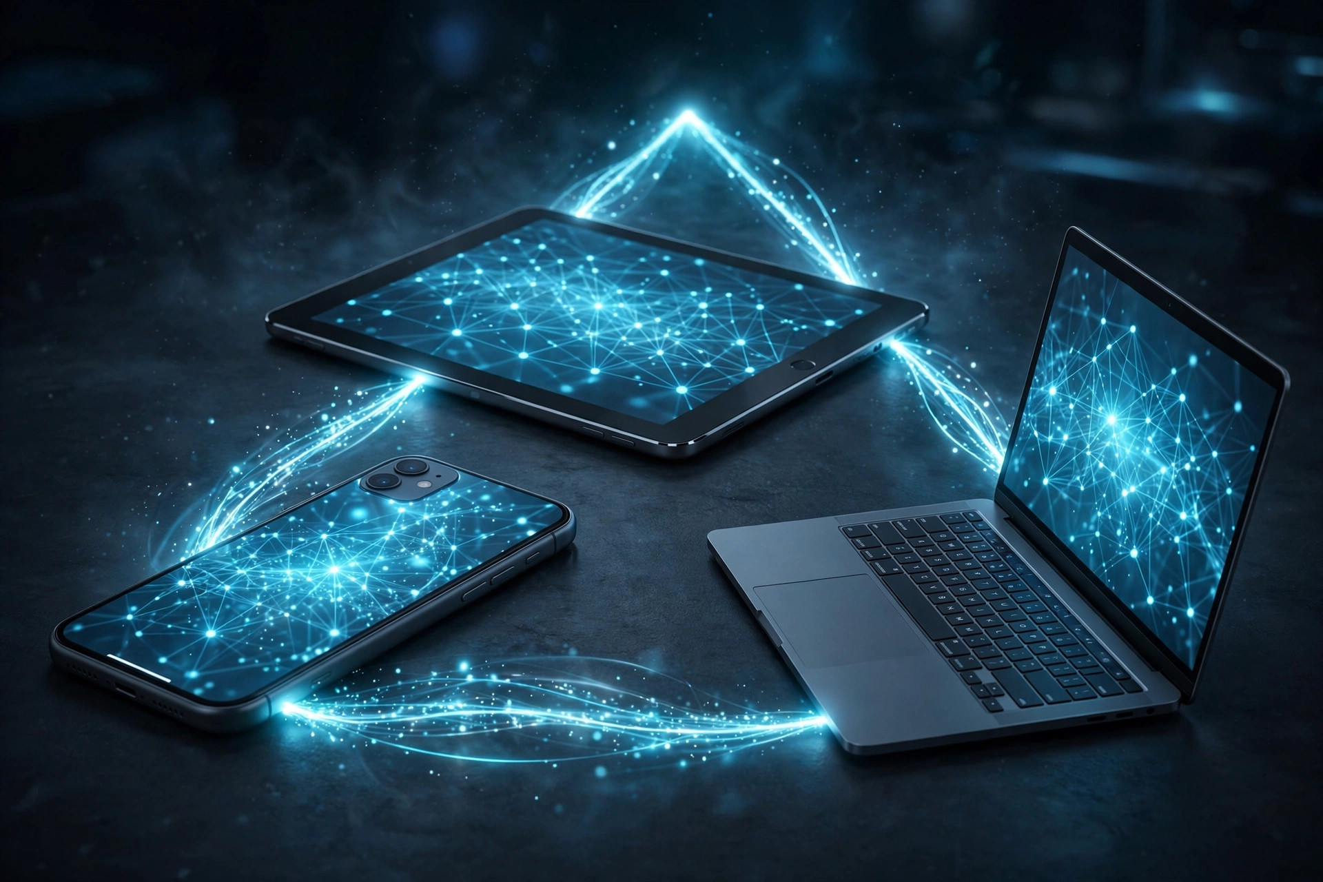 Smartphone, tablet and laptop connected by glowing lines — PairDrop vs Snapdrop vs ShareBeam comparison