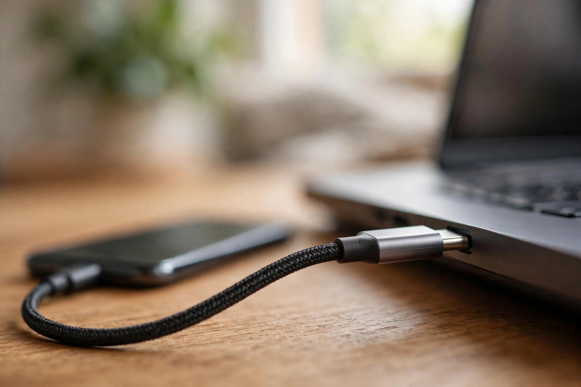 USB-C cable connecting a smartphone to a laptop on a wooden desk