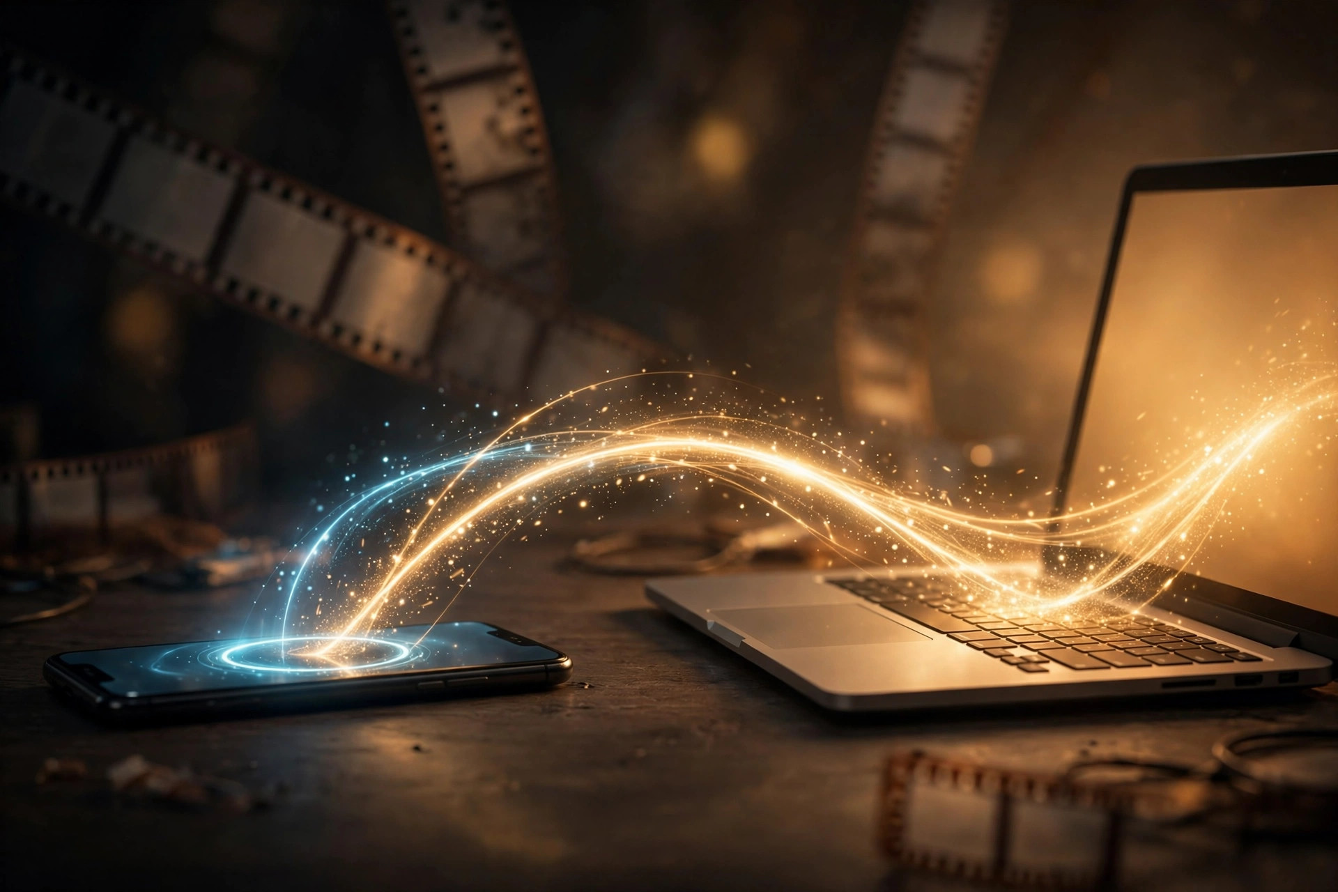 Smartphone beaming a large video file wirelessly to a laptop with a glowing transfer arc