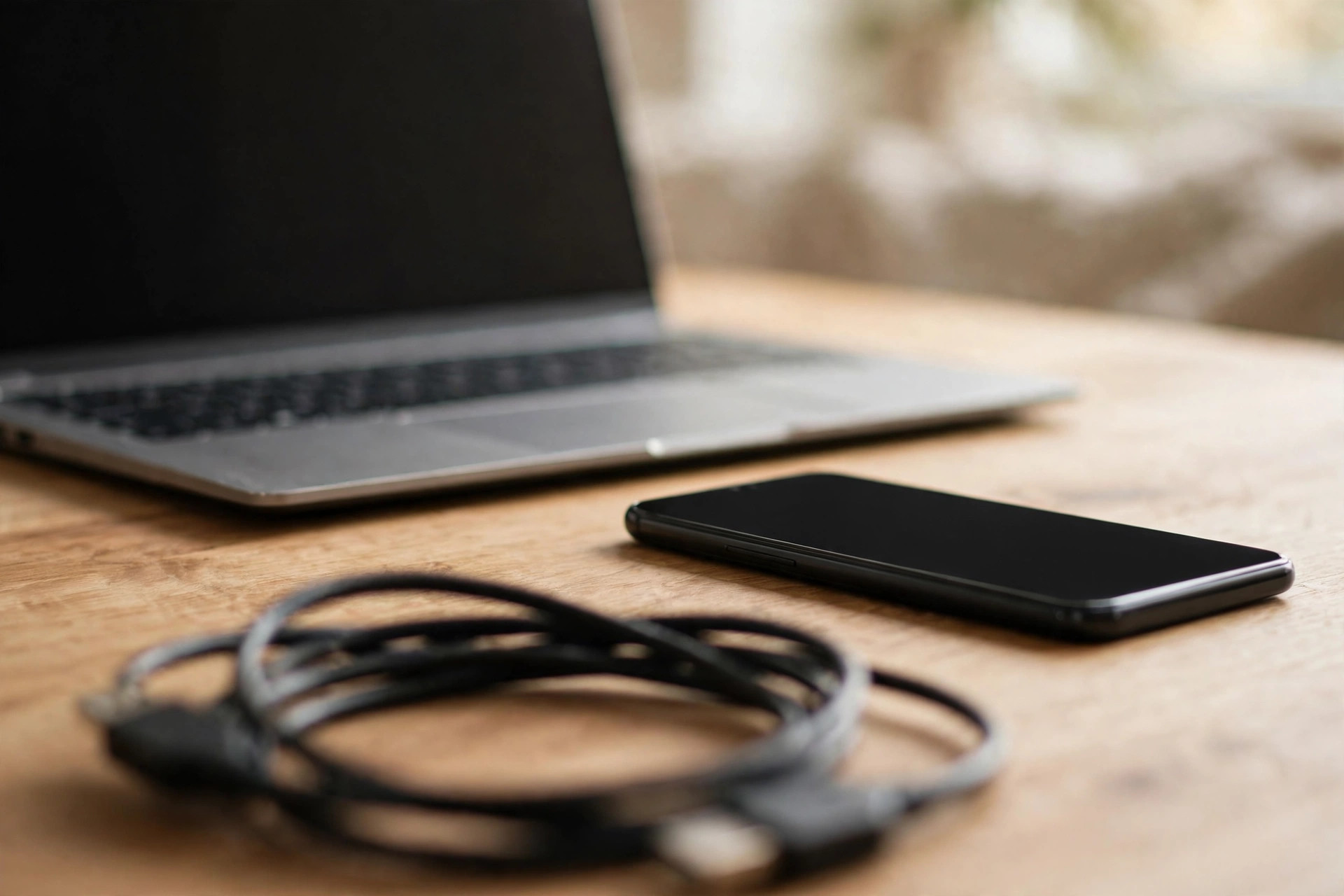 A coiled USB cable lying unused next to a smartphone and laptop