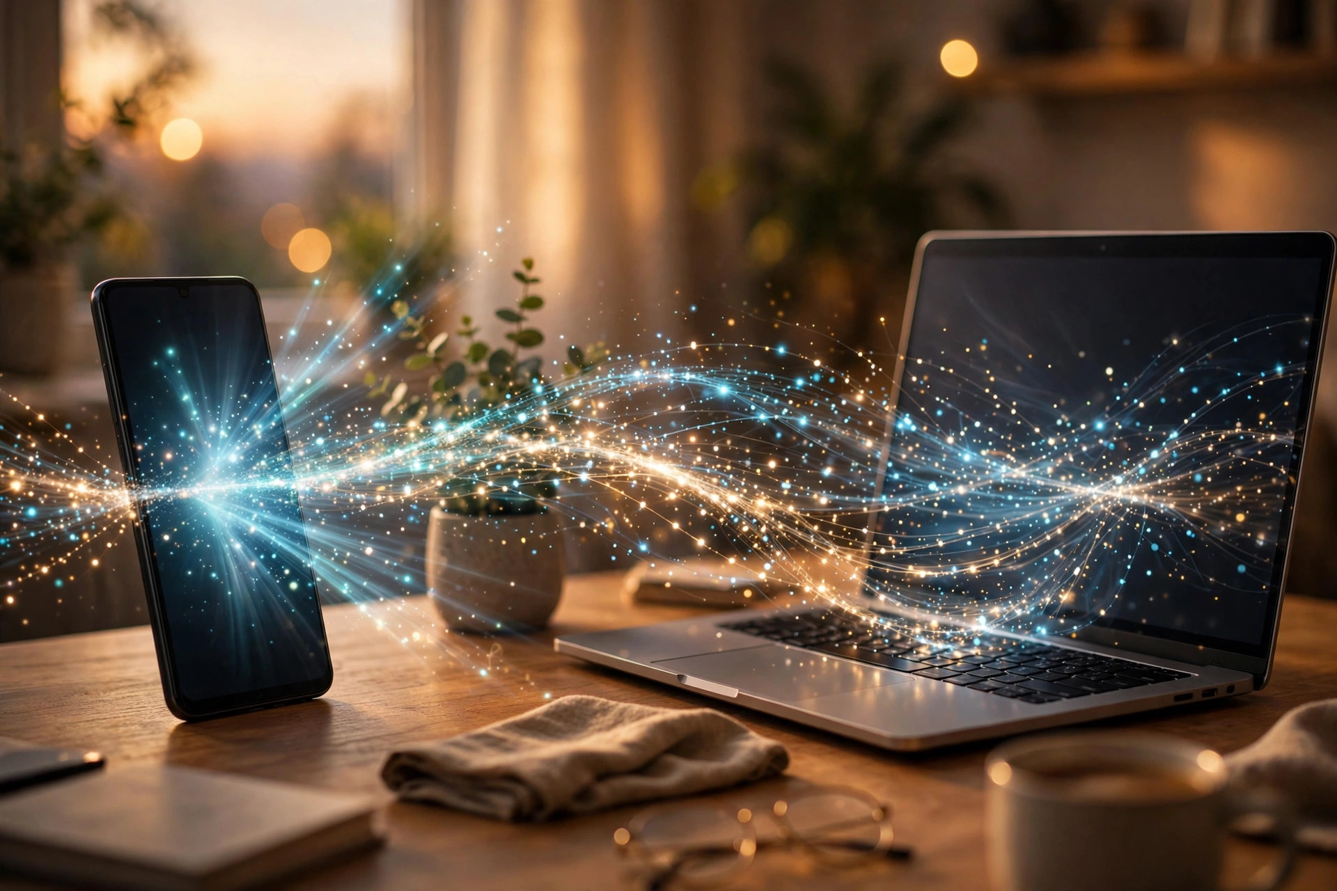 Android phone beaming files wirelessly across a desk to a laptop